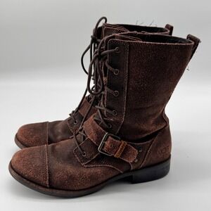 UGG Marela Combat Boots Womens 9.5 Brown Suede Buckle Lace Up Leather Distressed